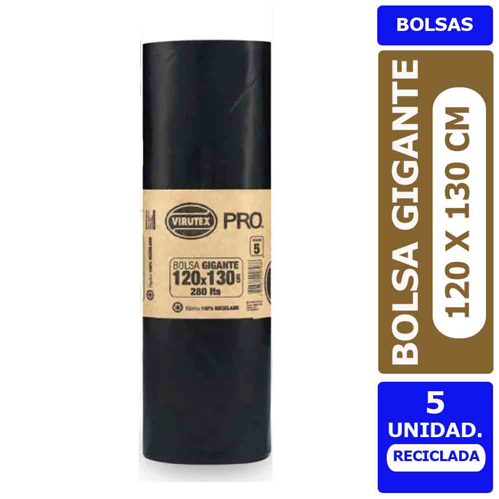 Bolsas de basura
Virutex Pro tamaño gigante 120 x 130 100% reciclada (rollos de 5 unidades)
