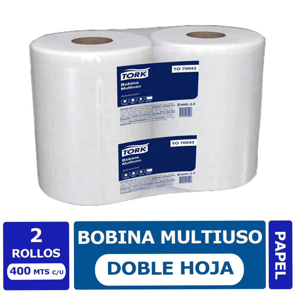 Bobina Industrial Toalla de papel Doble Hoja Multiuso Premium Tork 400 metros c/u (2 rollos)