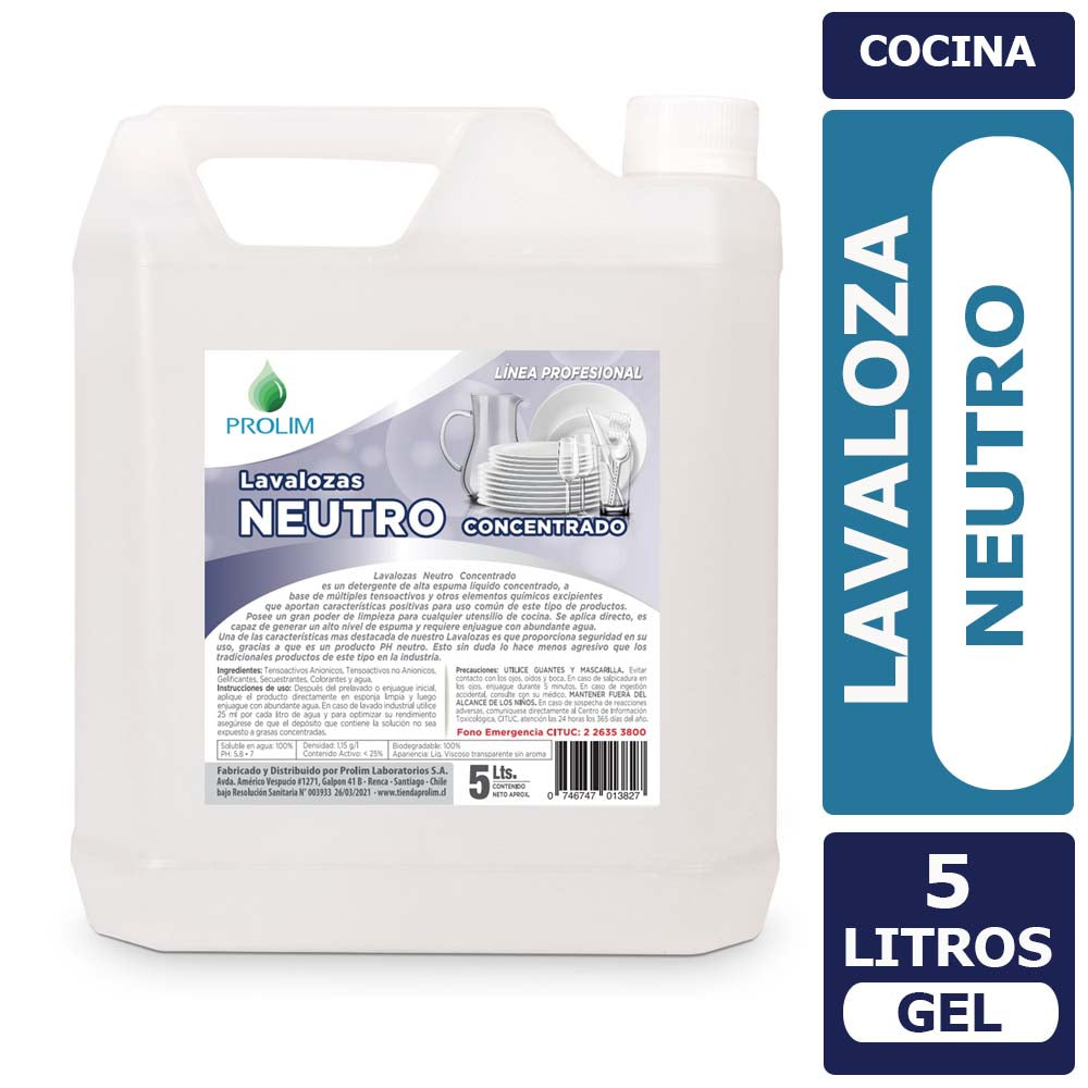 Lavaloza Neutro Concentrado 5 Lts Sin Aroma, Sin colorante