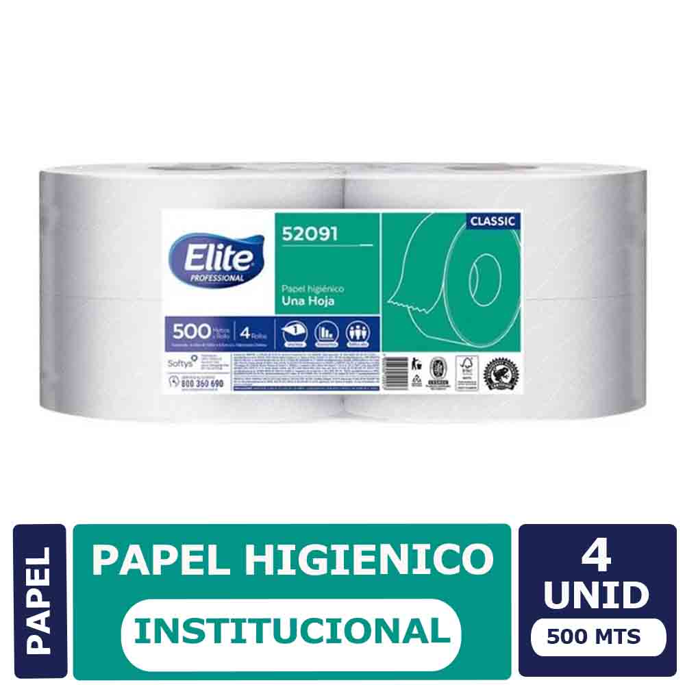 Papel Higiénico Institucional Elite 4x500 mts c/u una hoja